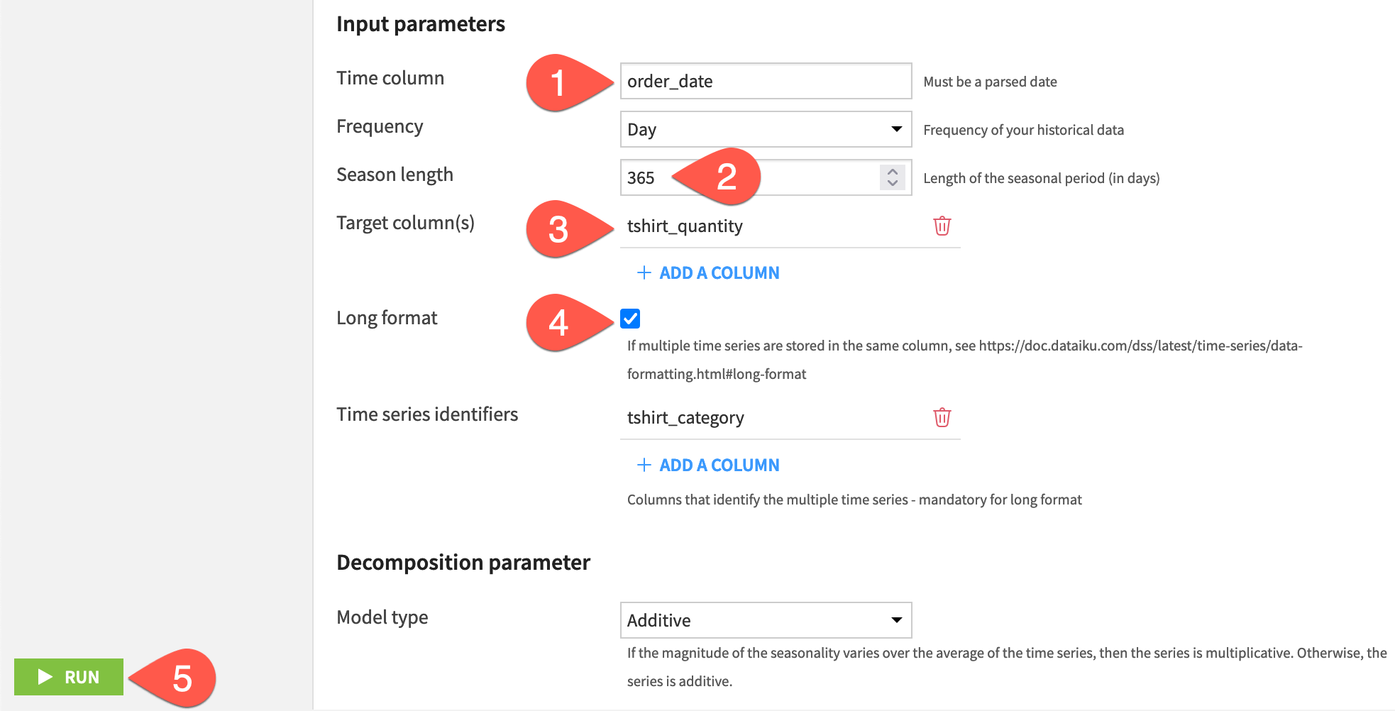 Dataiku screenshot of the configuration of a time series decomposition recipe.