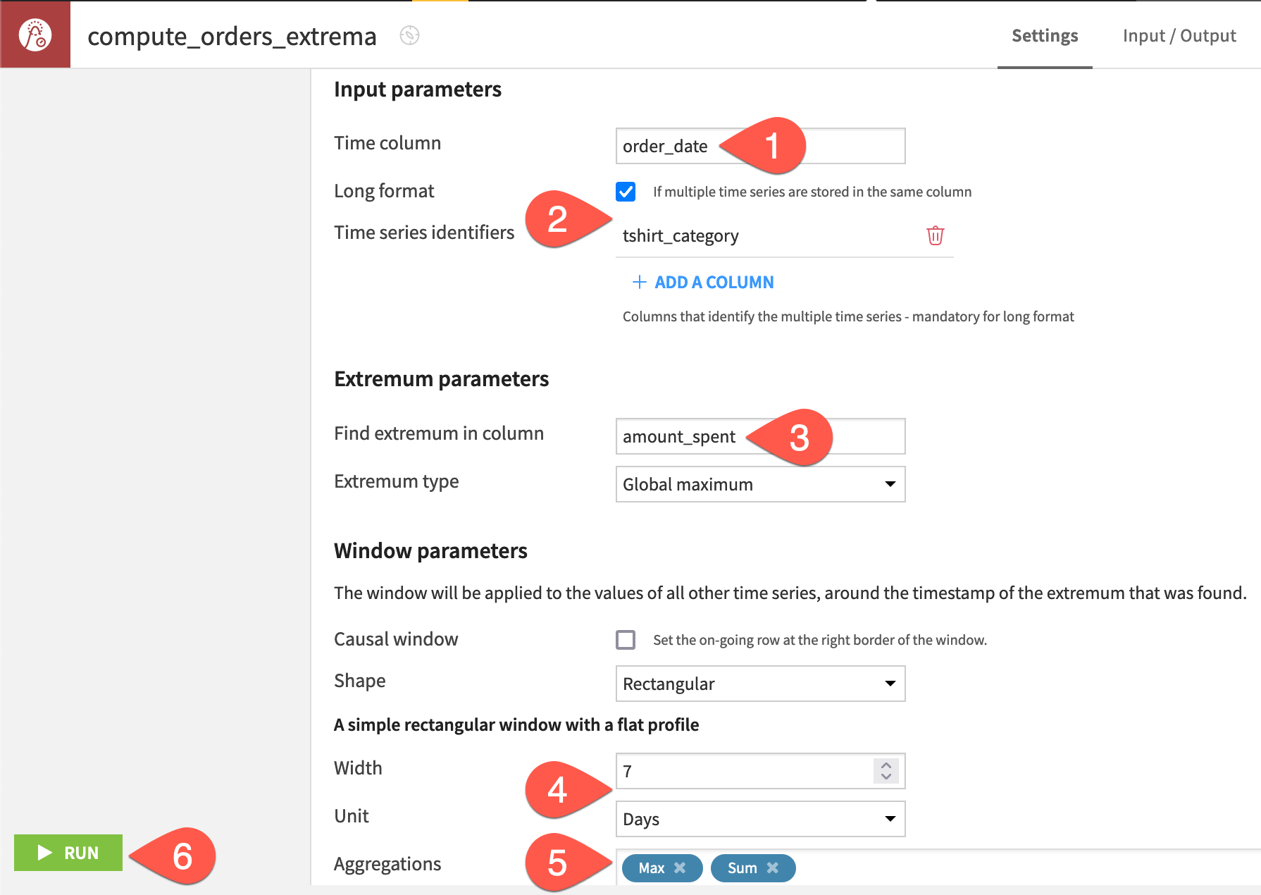 Dataiku screenshot of the configuration of a time series extrema recipe.