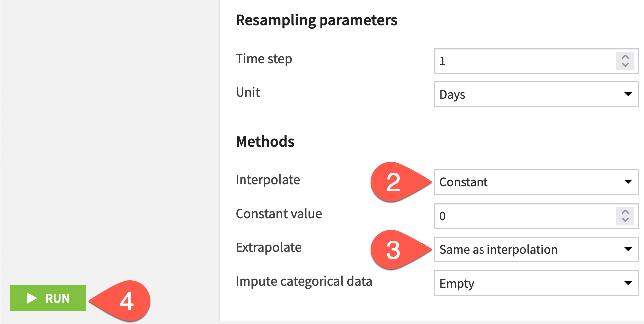 Dataiku screenshot of the configuration of an interpolated resampling recipe.