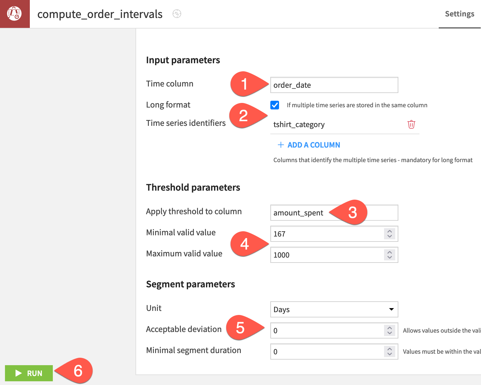 Dataiku screenshot of the configuration of an interval extraction recipe.