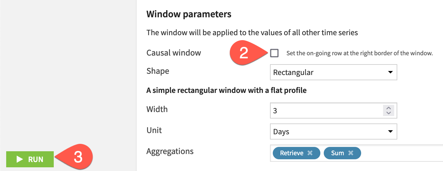 Dataiku screenshot of the configuration of a time series windowing recipe.