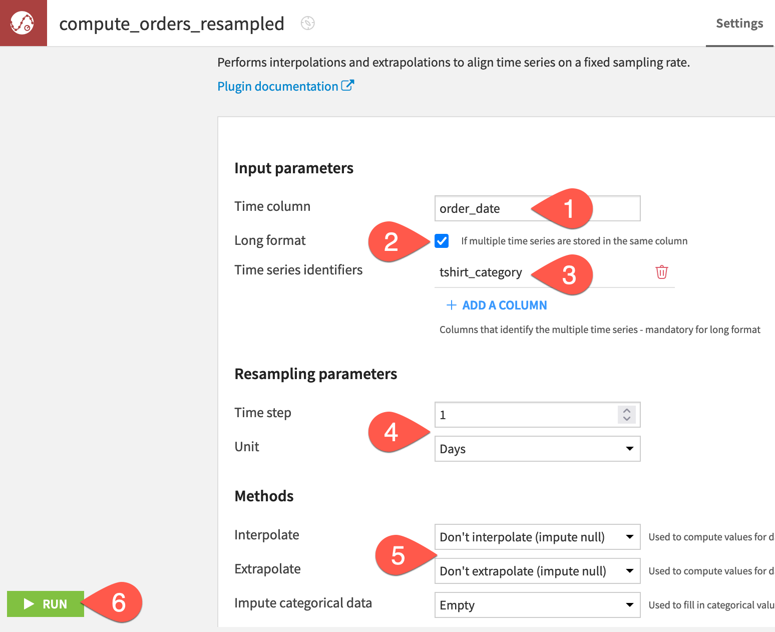 Dataiku screenshot of the configuration of a resampling recipe.