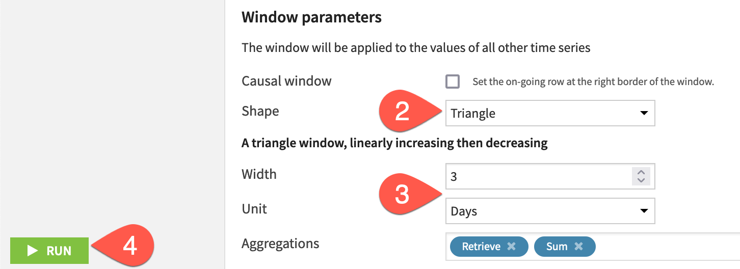 Dataiku screenshot of the configuration of a time series windowing recipe.