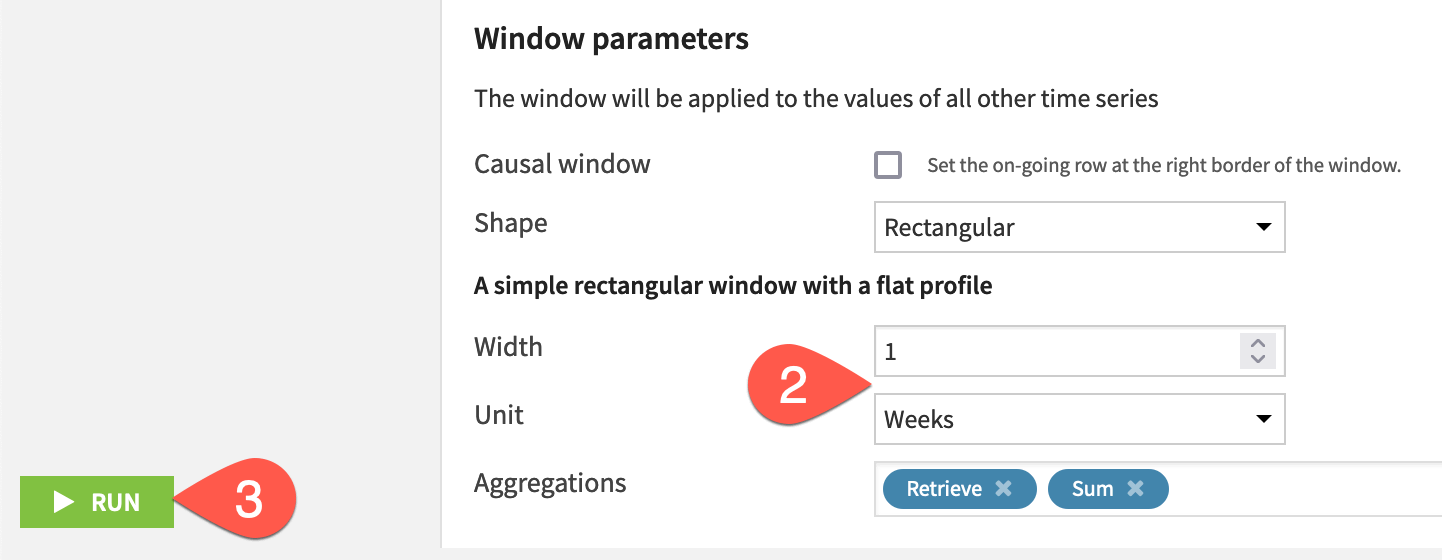 Dataiku screenshot of the configuration of a time series windowing recipe.