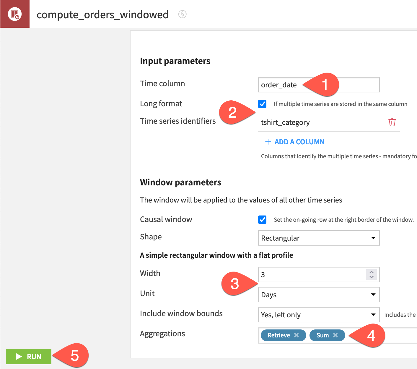 Dataiku screenshot of the configuration of a time series windowing recipe.