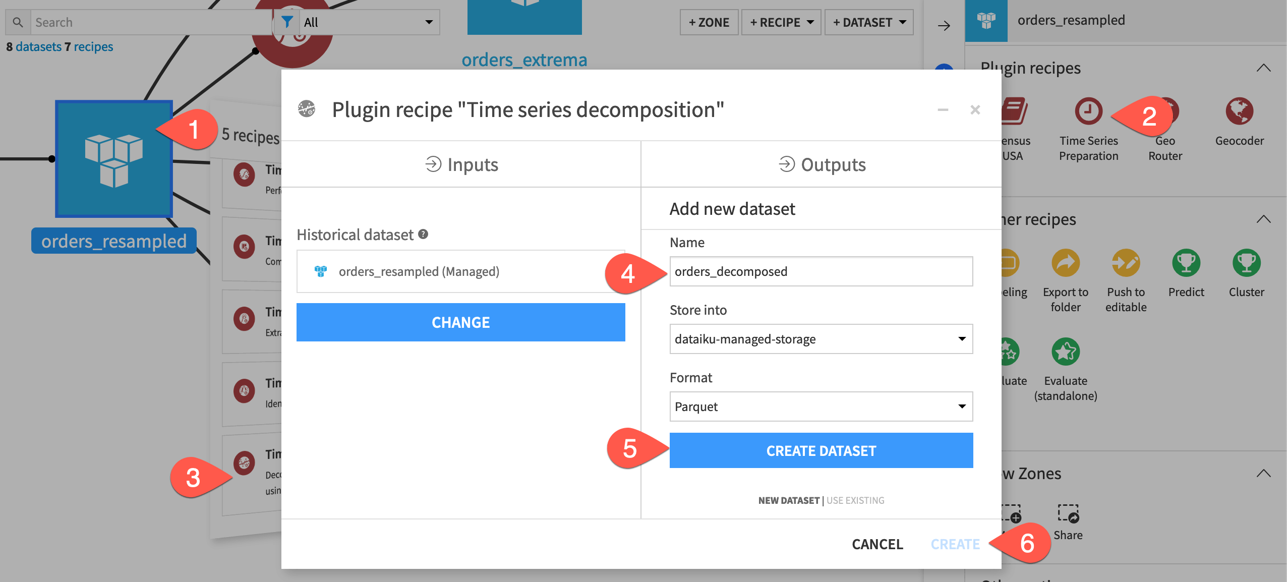 Dataiku screenshot of the dialog for creating a time series decomposition recipe.