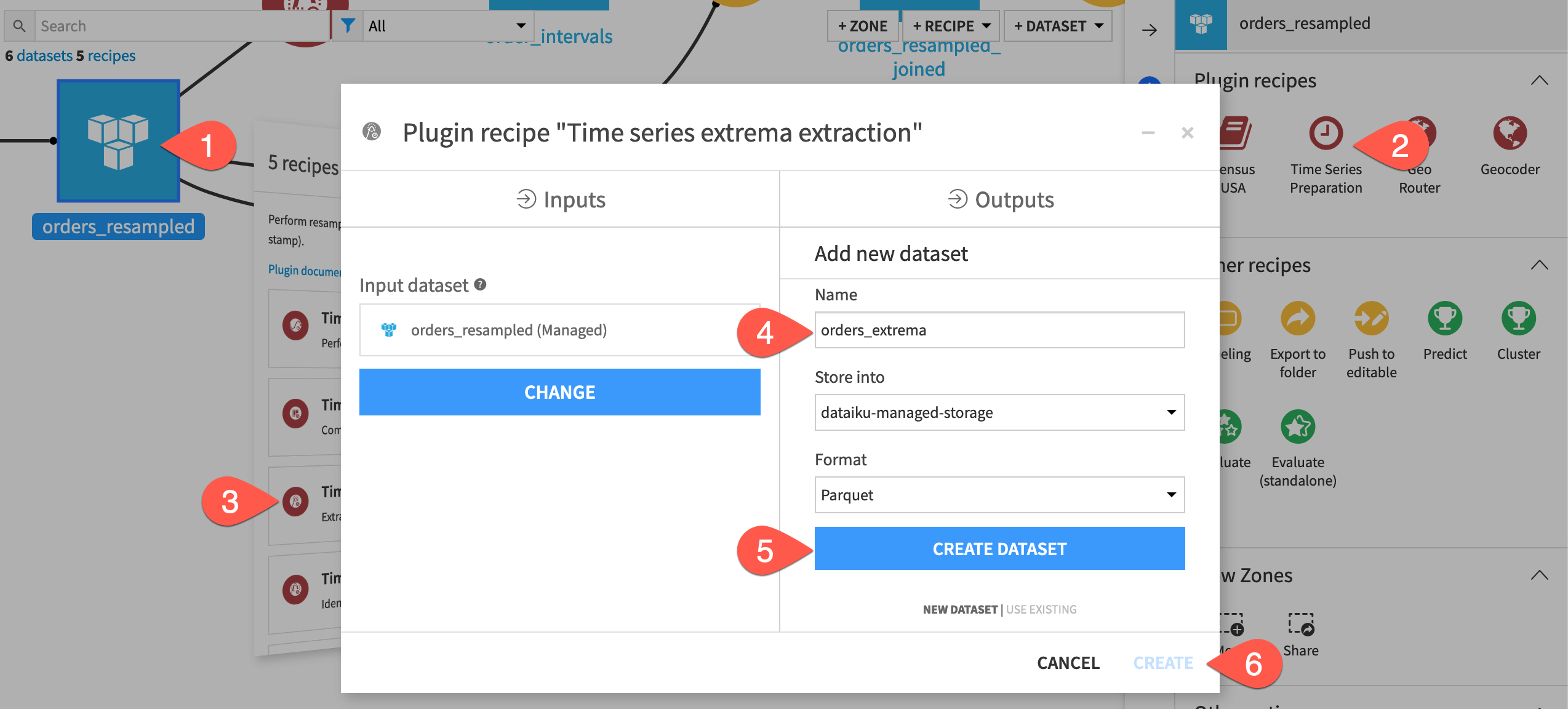Dataiku screenshot of the dialog for creating a time series extrema extraction recipe.