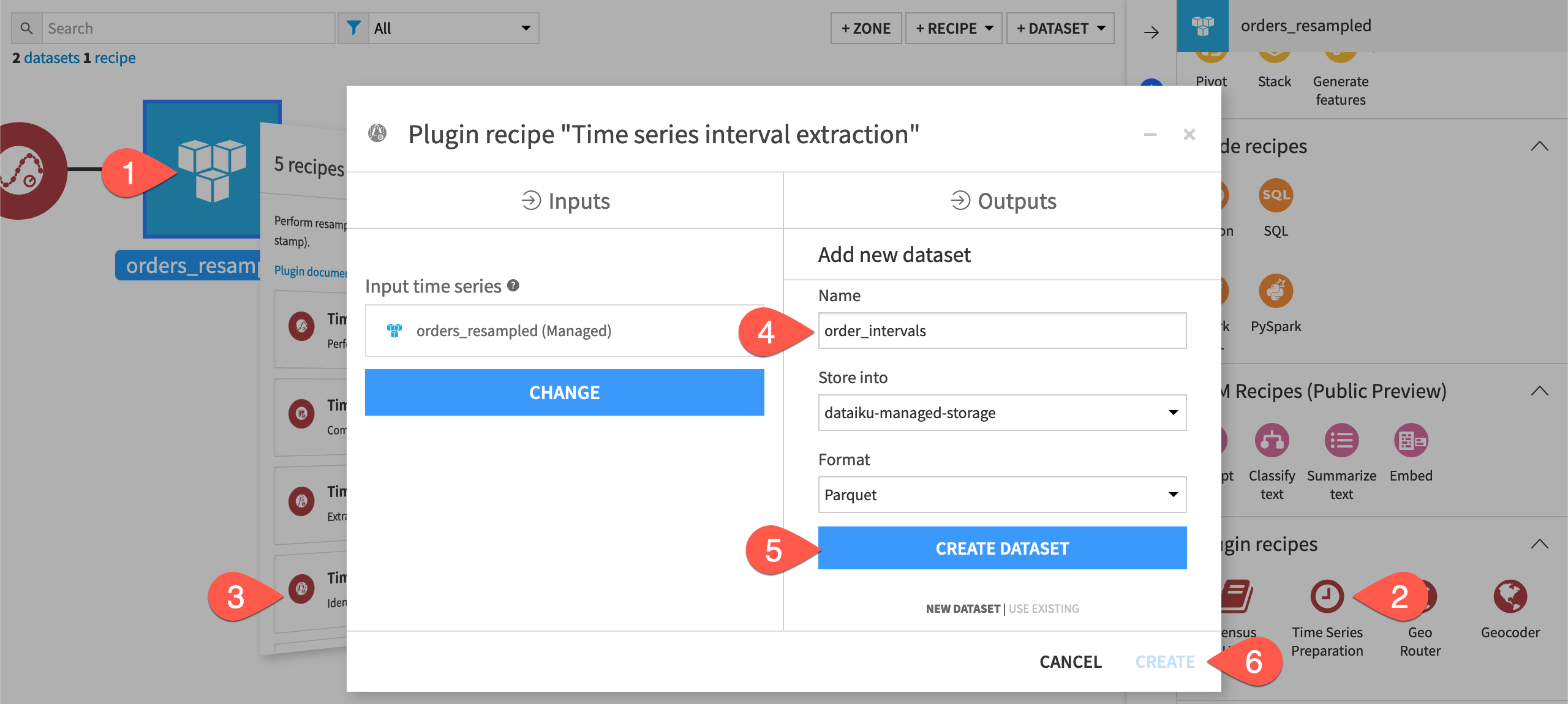 Dataiku screenshot of the dialog for creating an interval extraction recipe.