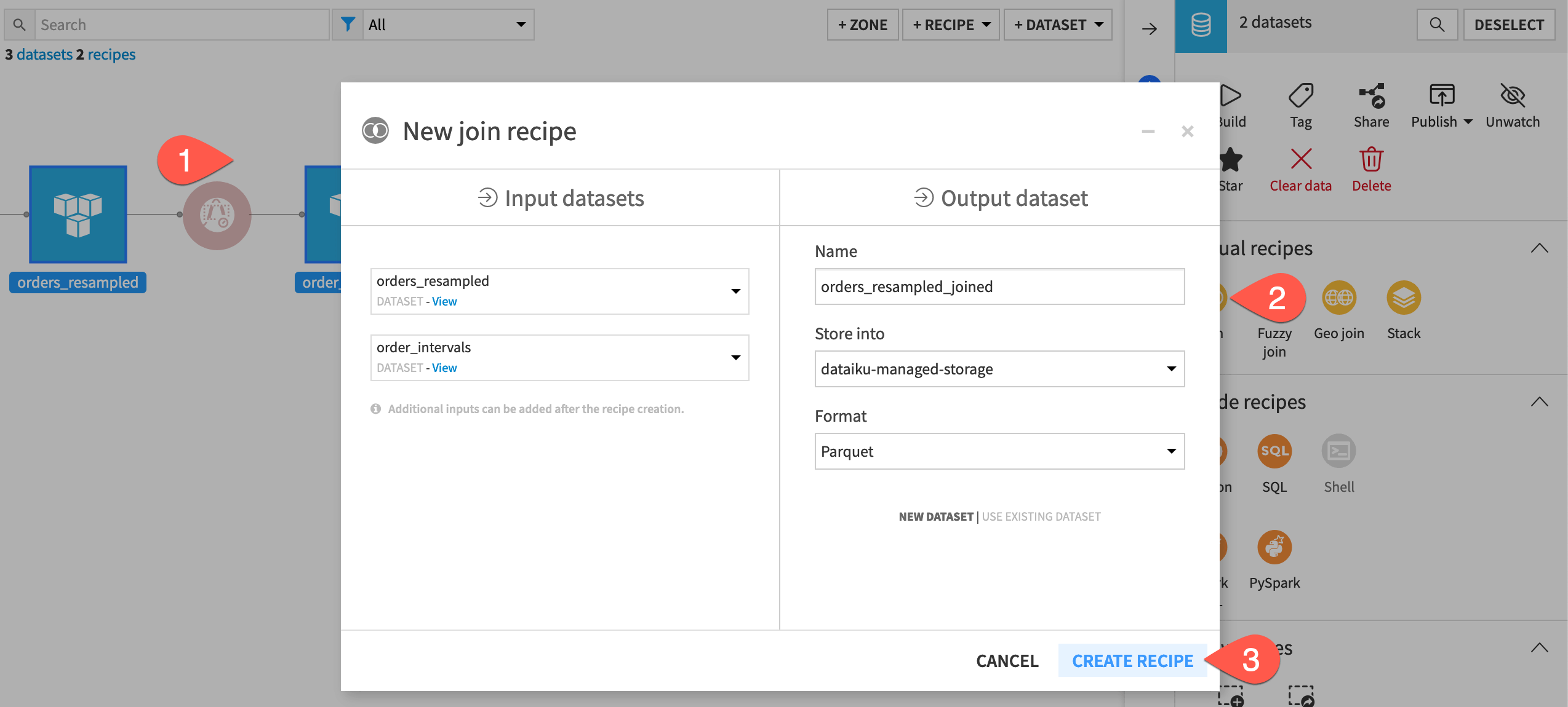 Dataiku screenshot of the dialog for creating a Join recipe.