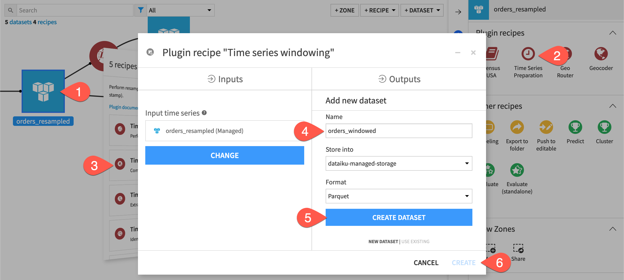 Dataiku screenshot of the dialog for creating a time series windowing recipe.