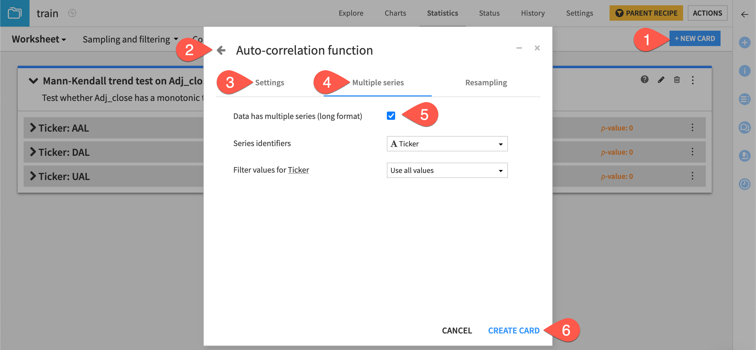 Dataiku screenshot of the dialog to create an autocorrelation statistics card.