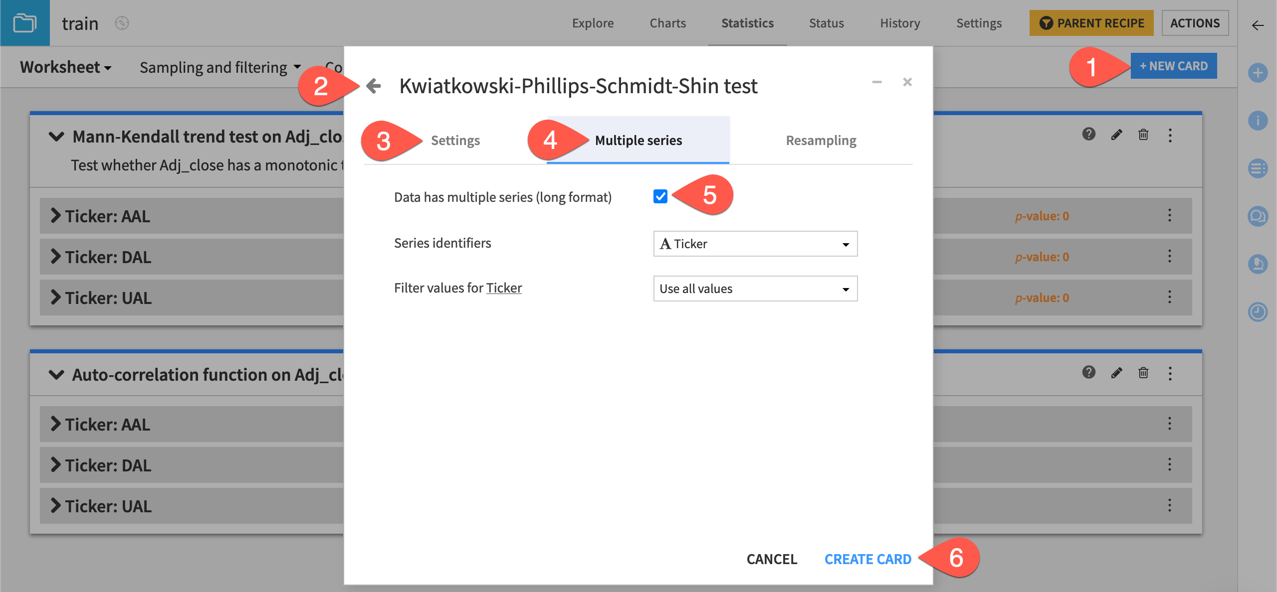 Dataiku screenshot of the dialog to create a KPSS statistics card.