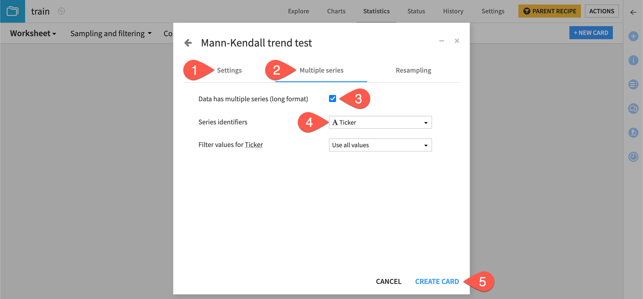 Dataiku screenshot of the dialog to create a Mann Kendall card.