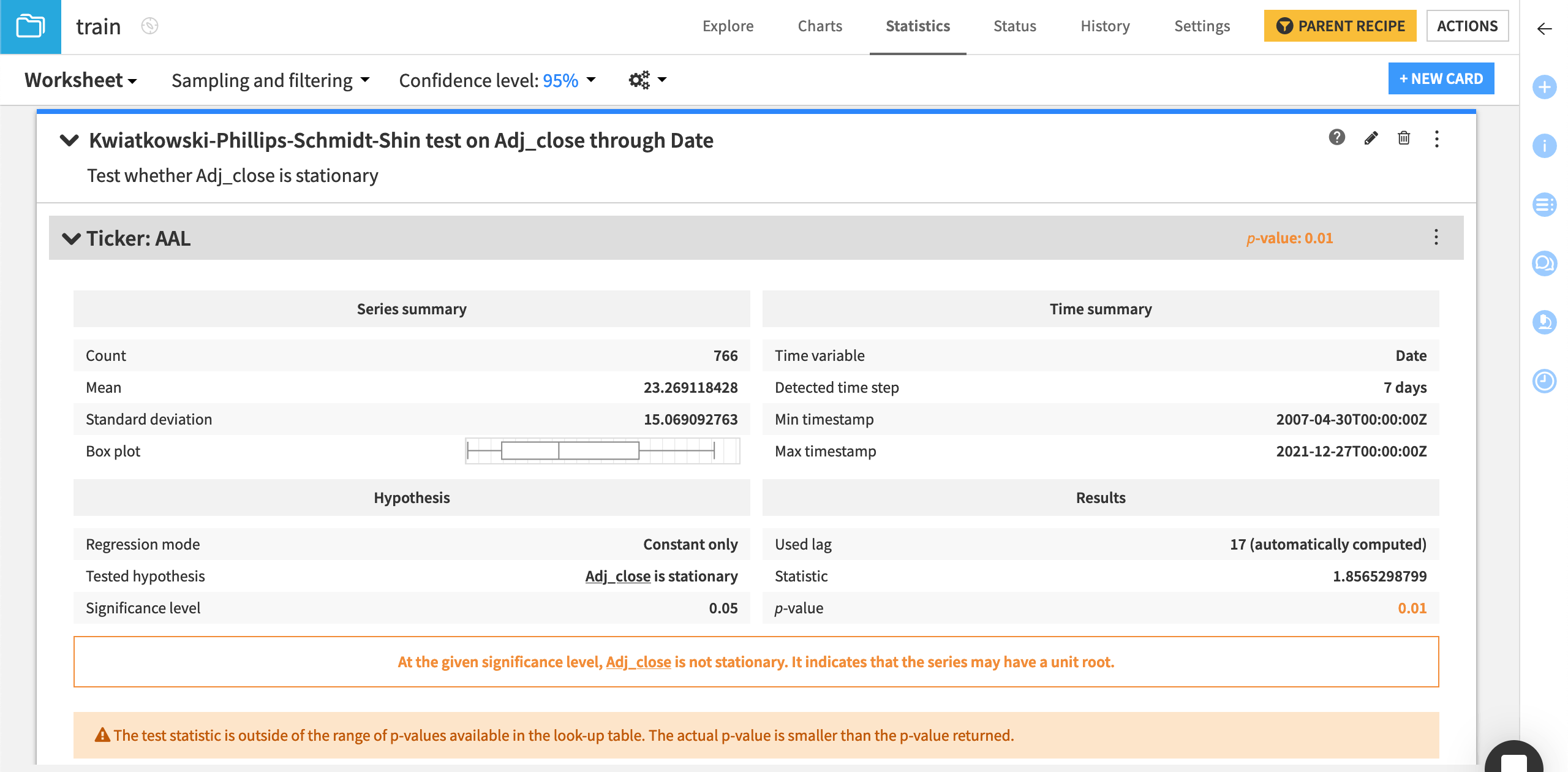 Dataiku screenshot of the output of a KPSS test.