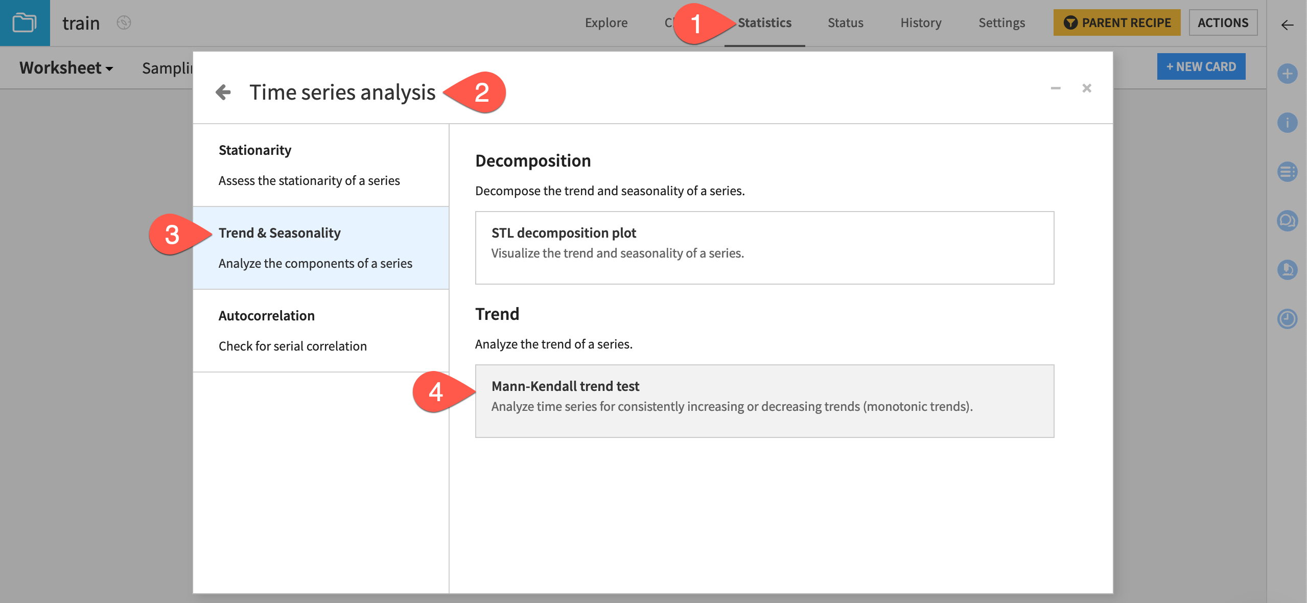 Dataiku screenshot of the dialog to select a Mann Kendall statistics card.