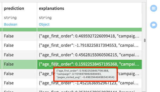 Scored dataset with an explanations column containing a JSON object.