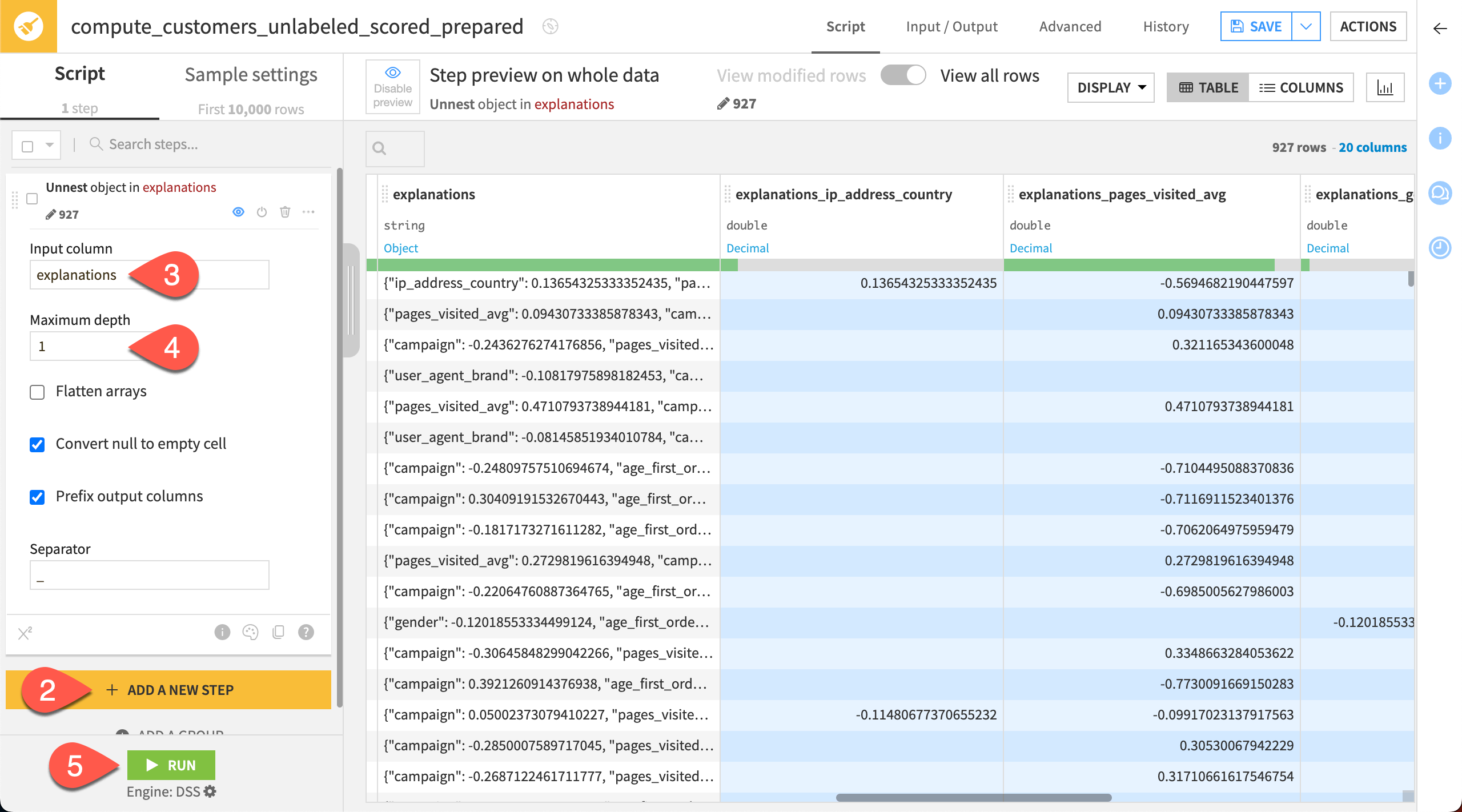 Prepare recipe with the Unnest object (flatten JSON) processor applied to the *explanations* column.