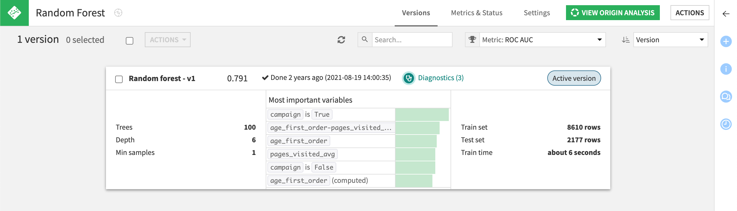 Active version of a model with available actions.