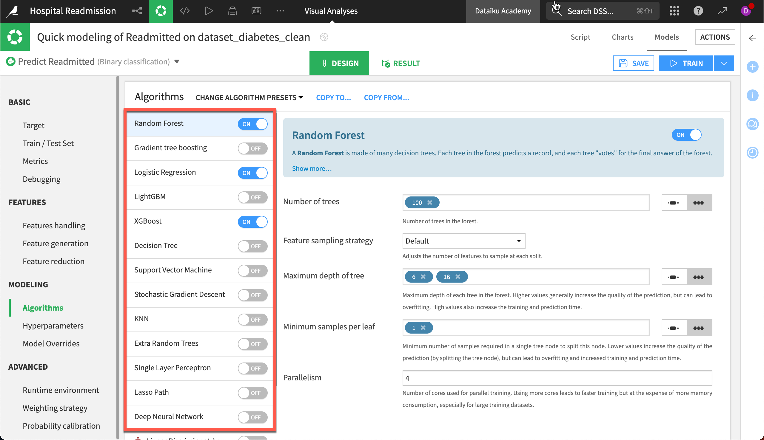 Dataiku screenshot highlighting different available ML algorithms.