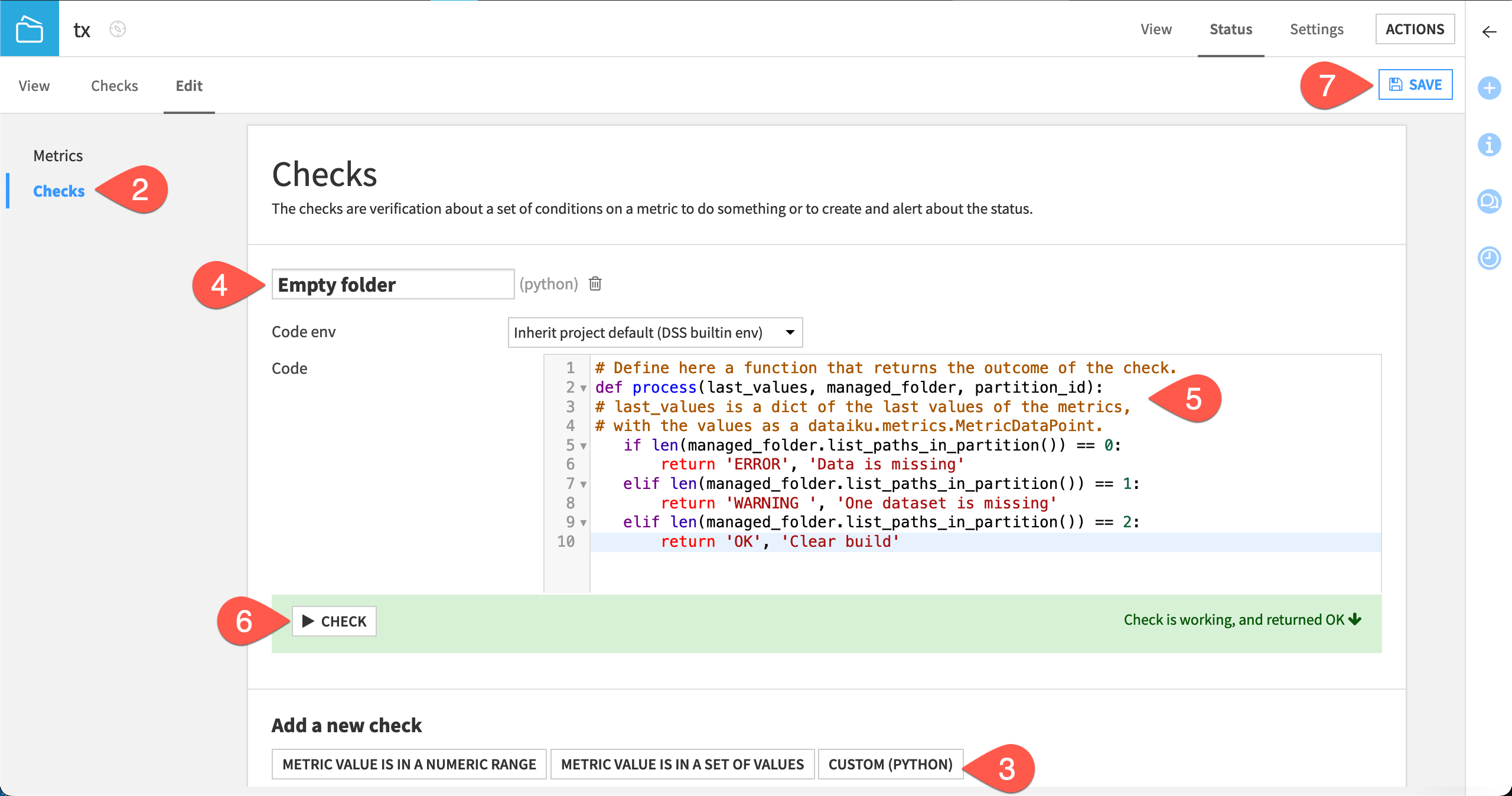 Dataiku screenshot of the custom check with python code.