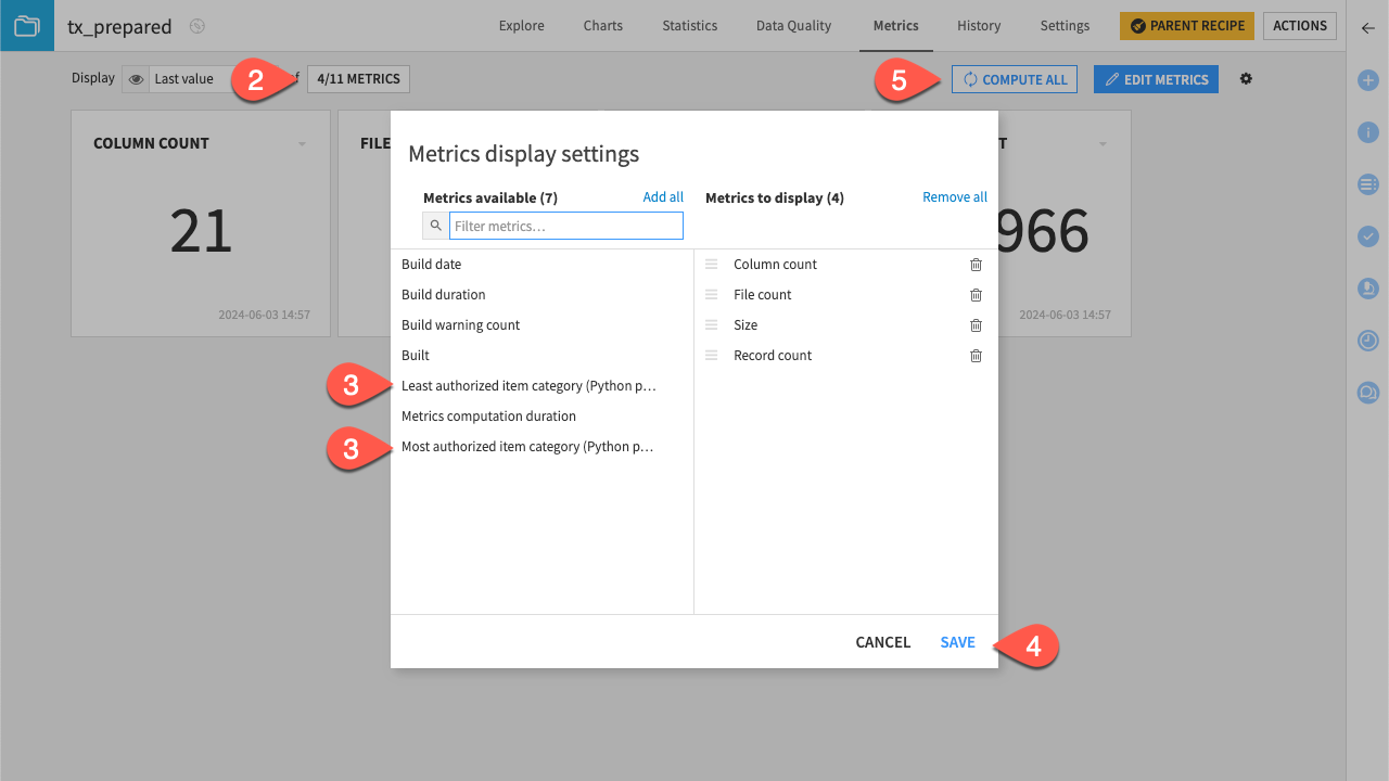 Dataiku screenshot of the displayed custom metric.