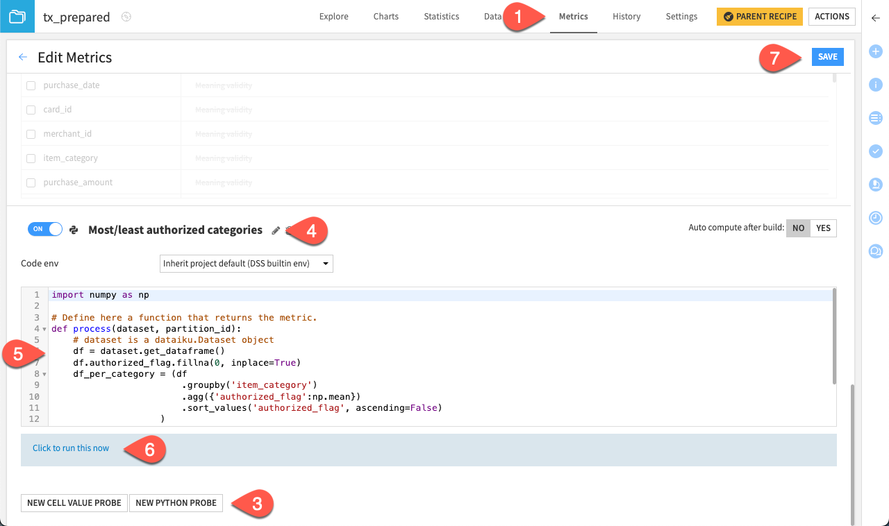 Dataiku screenshot of the custom metric with python code.