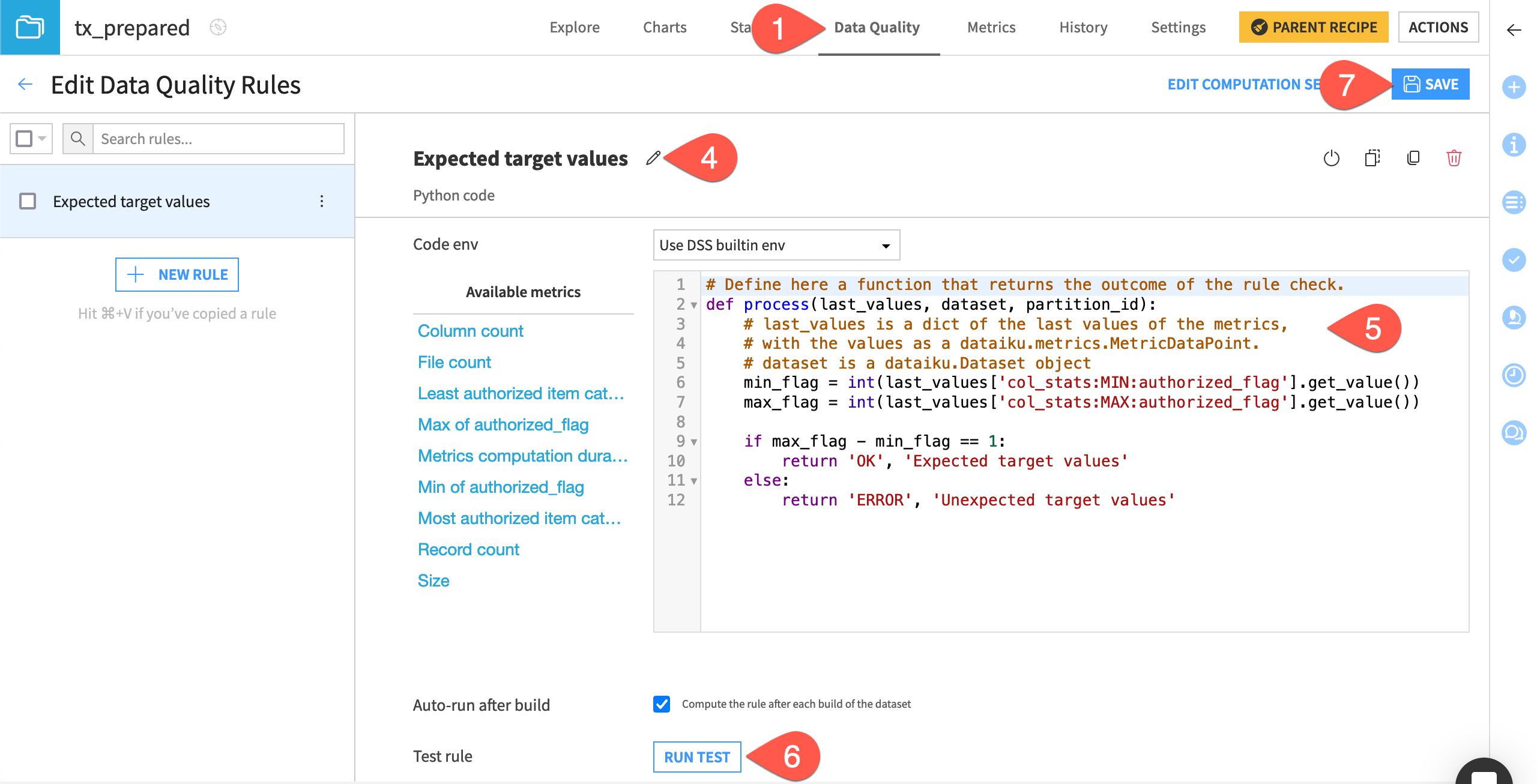 Dataiku screenshot of the custom data quality rule.