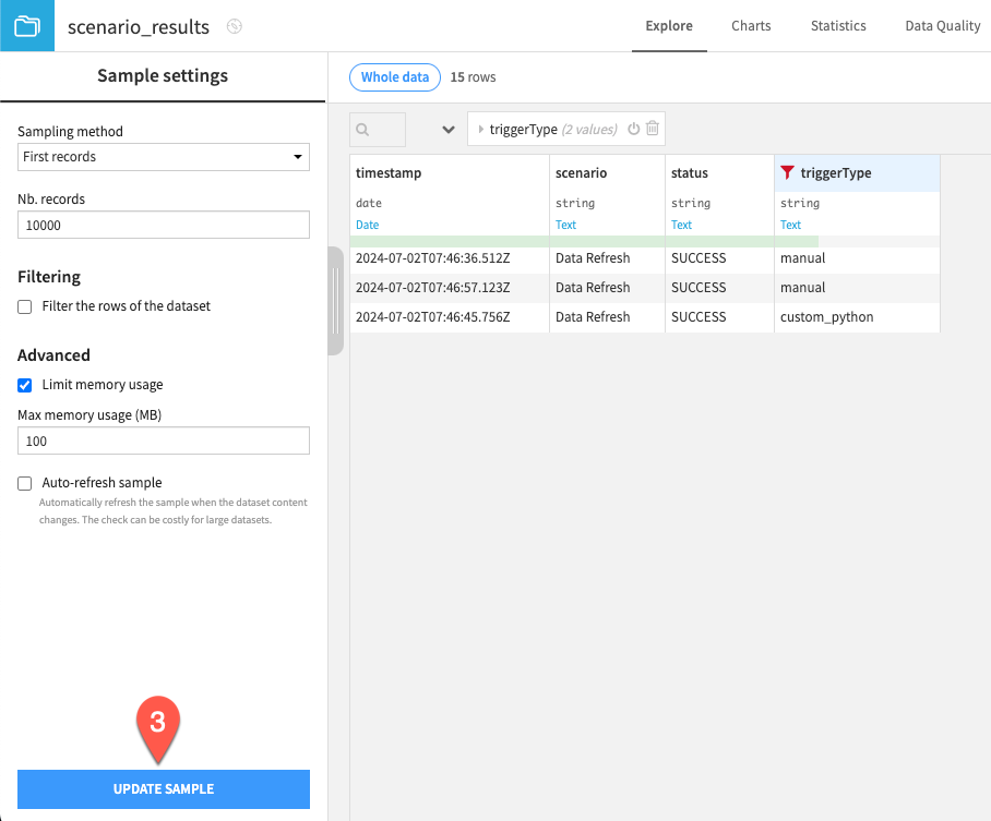 Dataiku screenshot of adding a custom trigger to a step-based scenario.