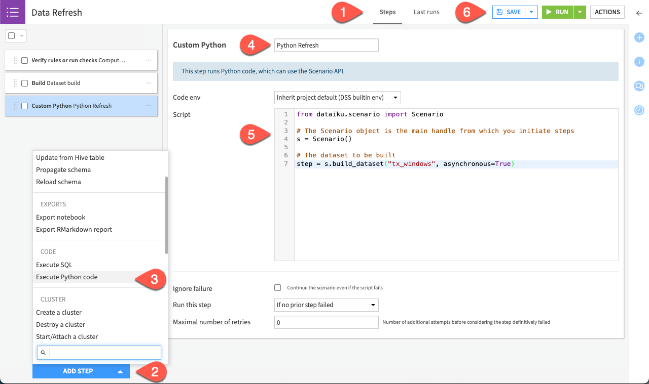 Dataiku screenshot of a custom python scenario step creation.