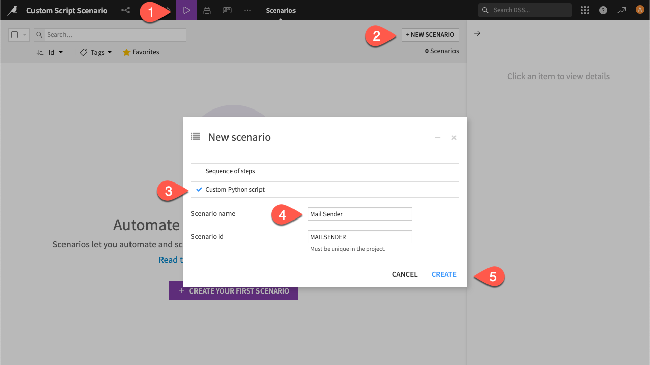 Dataiku screenshot of the dialog for creating a new scenario.