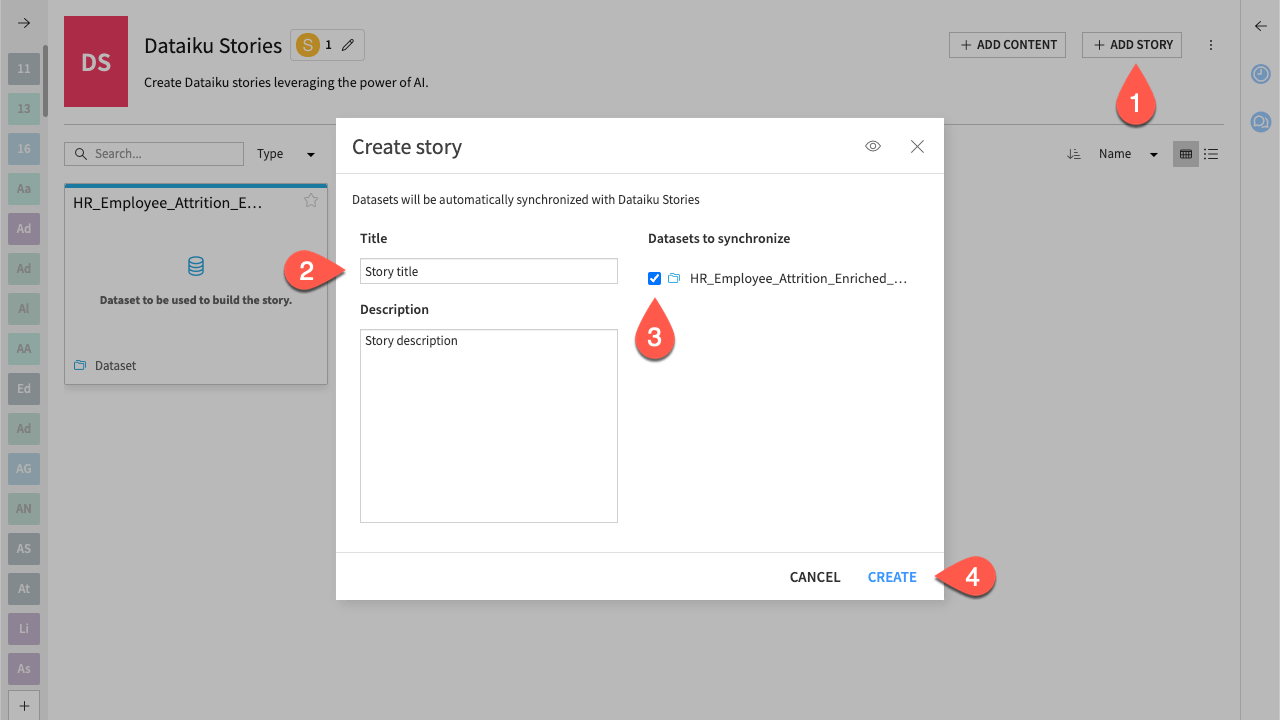 Dataiku screenshot of the creation of a story.