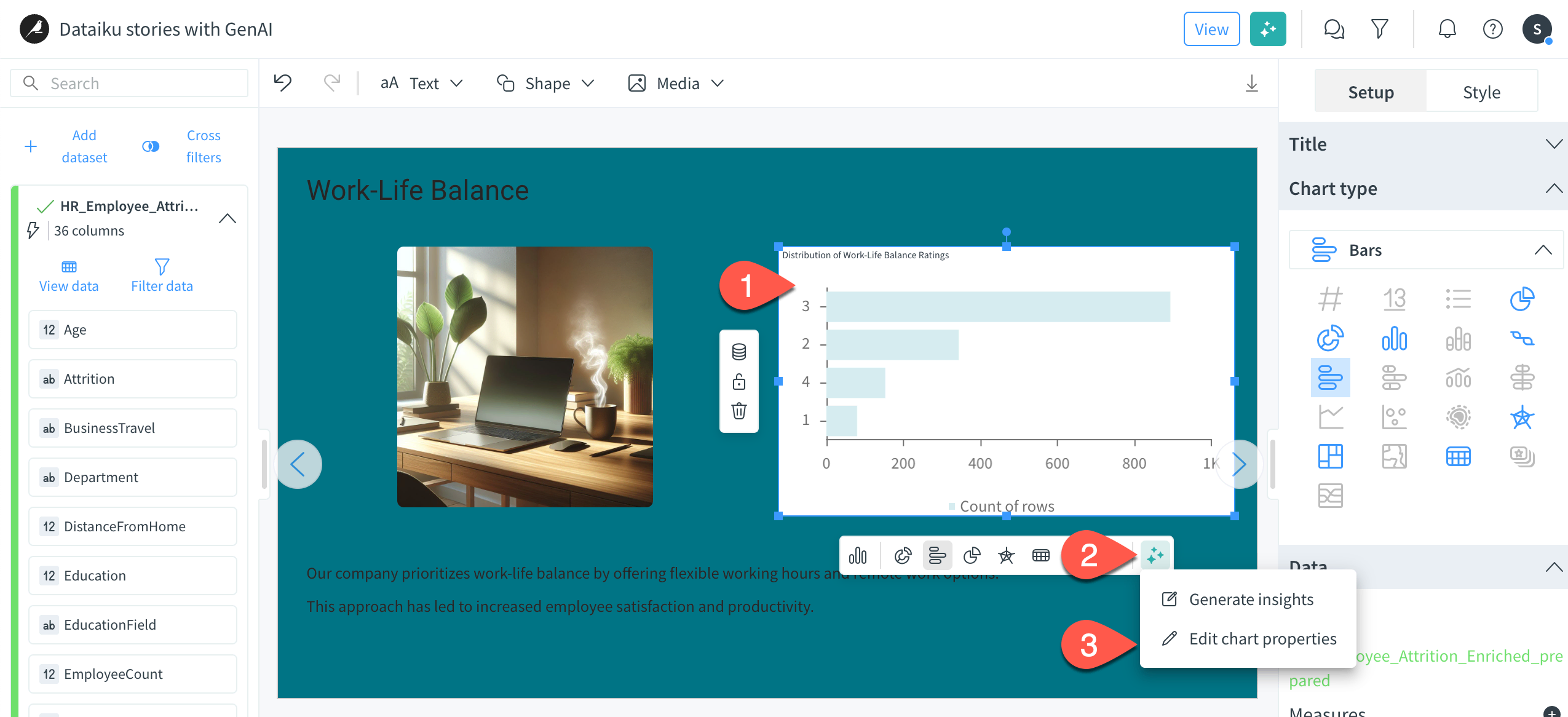 Dataiku screenshot of editing the chart properties with the assistant.