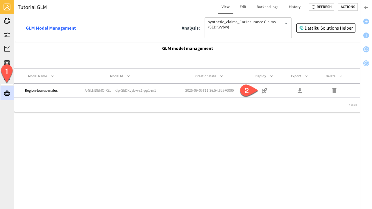 Dataiku screenshot of model management of the webapp.