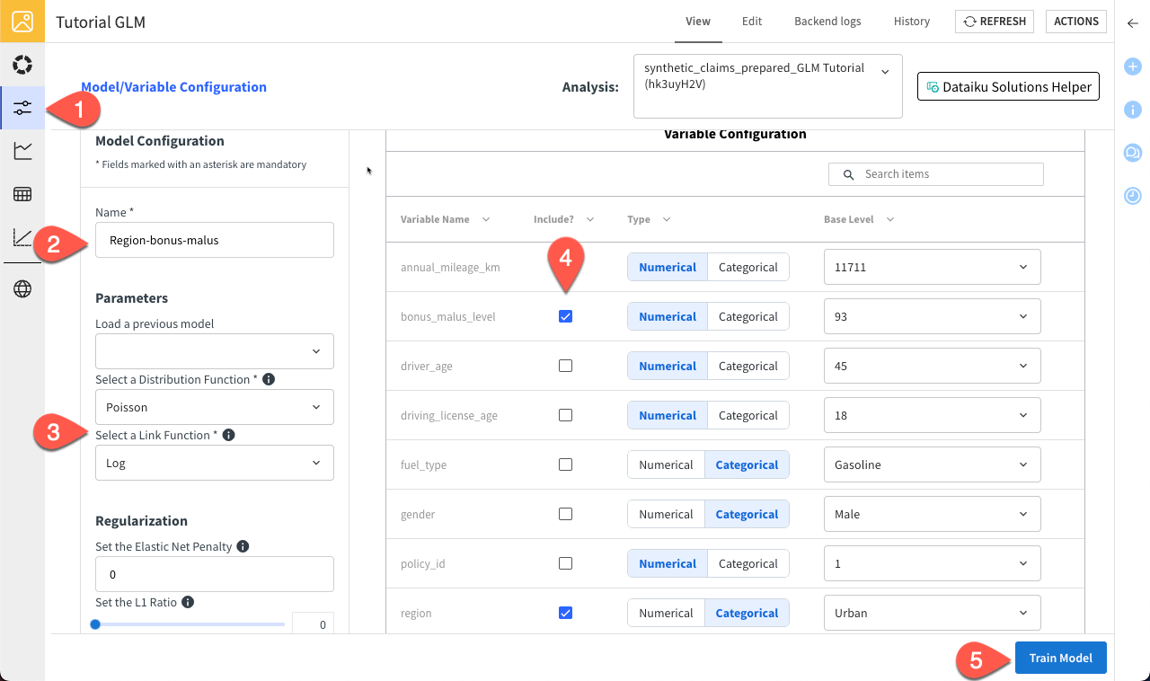 Dataiku screenshot of GLM training model session.