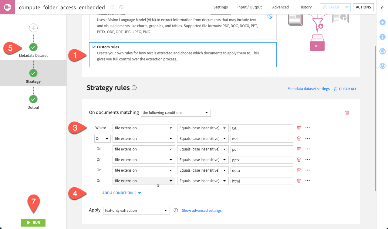 Dataiku screenshot of the embed recipe custom rules.