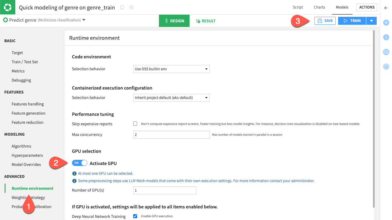 Dataiku screenshot of enabling the GPU.