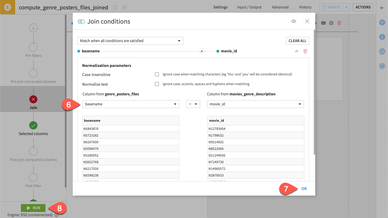 Dataiku screenshot of the join recipe condition.