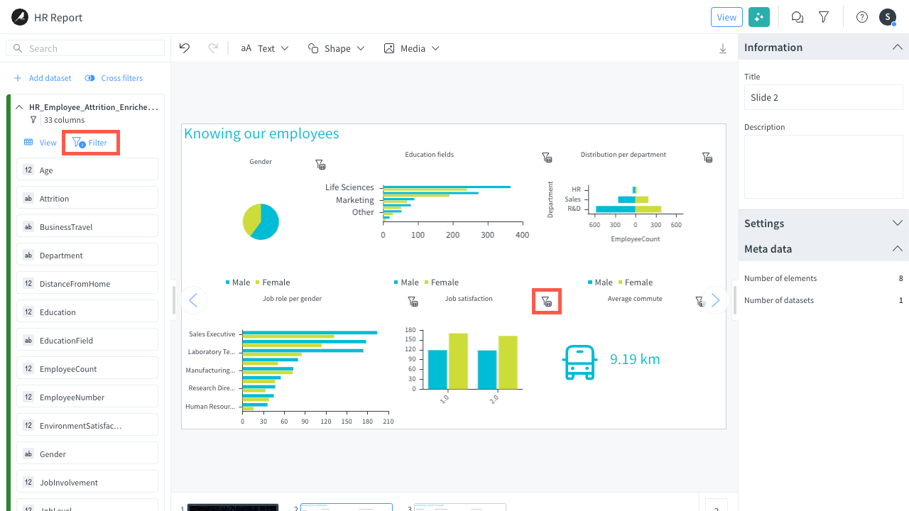 Story view when the slides are filtered on job satisfaction level 1 and 2.