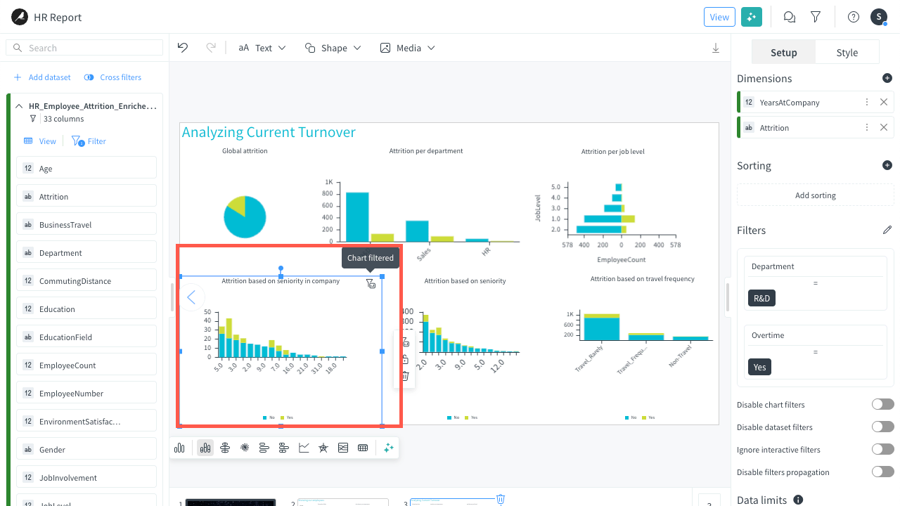 Story view when the slides are filtered on job satisfaction level 1 and 2.