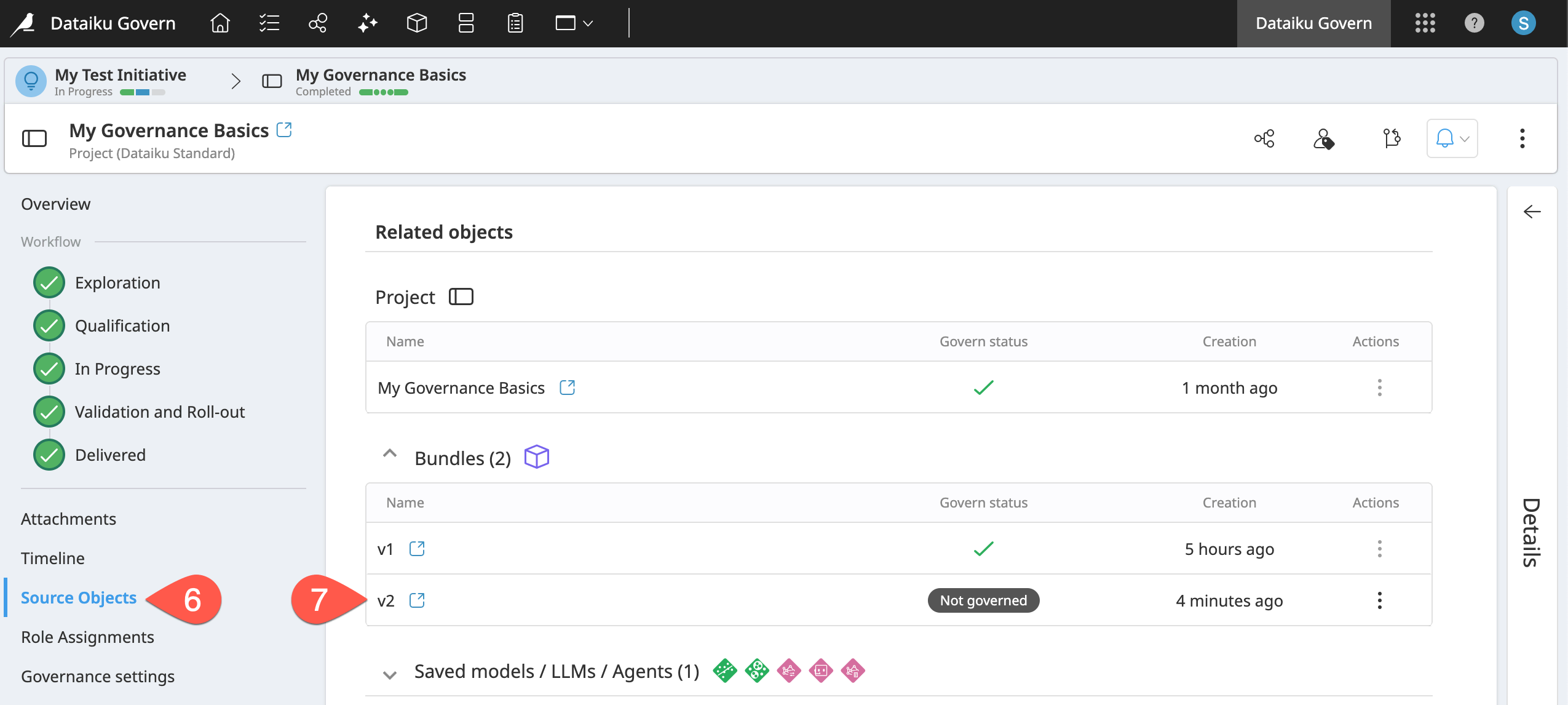 Dataiku screenshot of the Source Objects panel of a governed project showing two bundles.