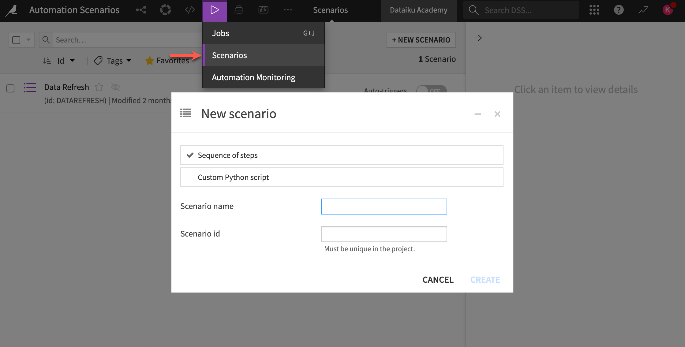 Dataiku screenshot of the dialog for creating a new scenario.