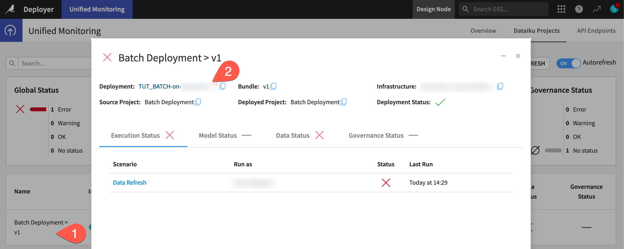 Dataiku screenshot of a deployment on the Unified Monitoring page.