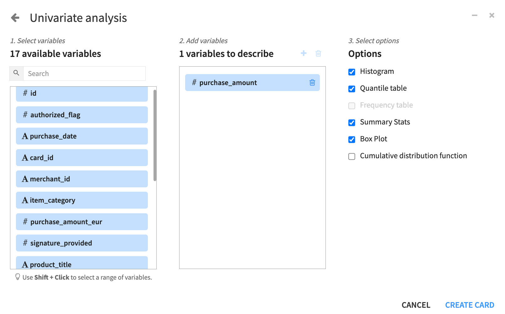 Dataiku screenshot of the univariate analysis statistics card settings for the purchase_amount variable.