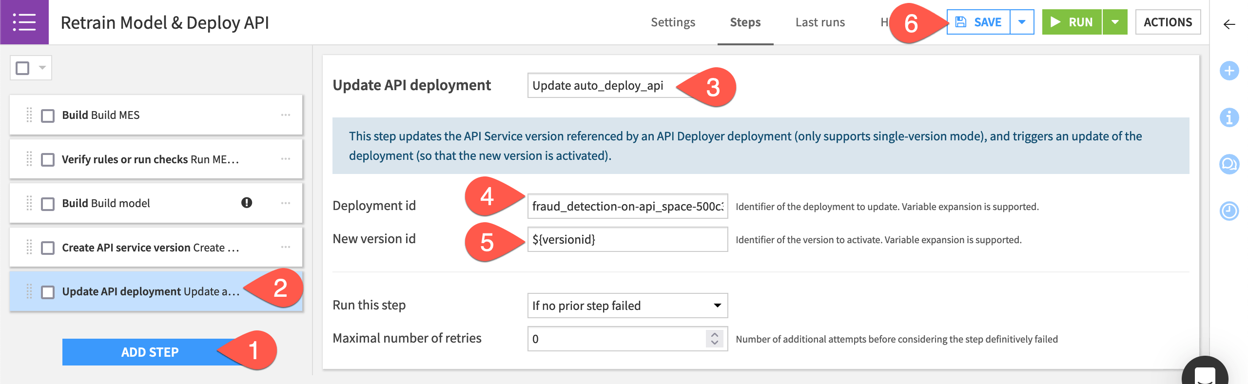 Dataiku screenshot of a scenario step to update an API deployment.