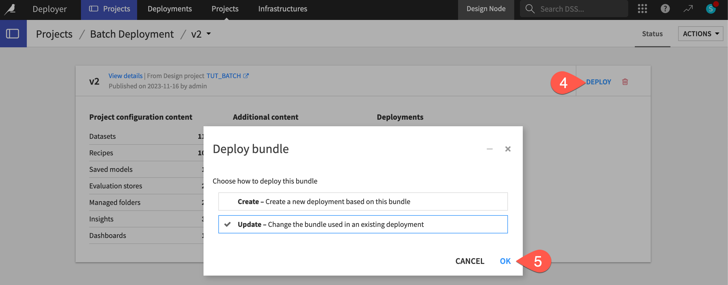 Dataiku screenshot for updating a deployed bundle.