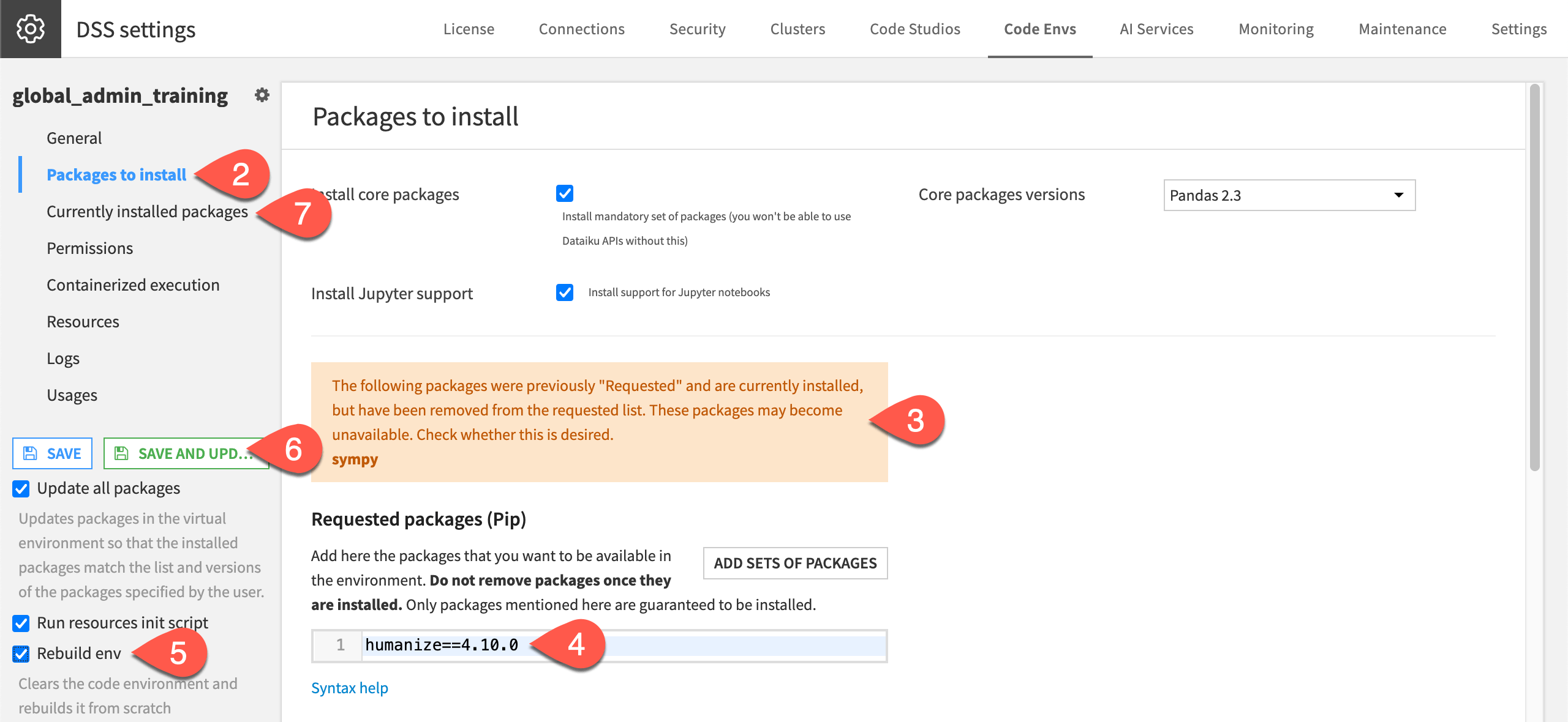 Dataiku screenshot of the Packages to install panel of a code environment.