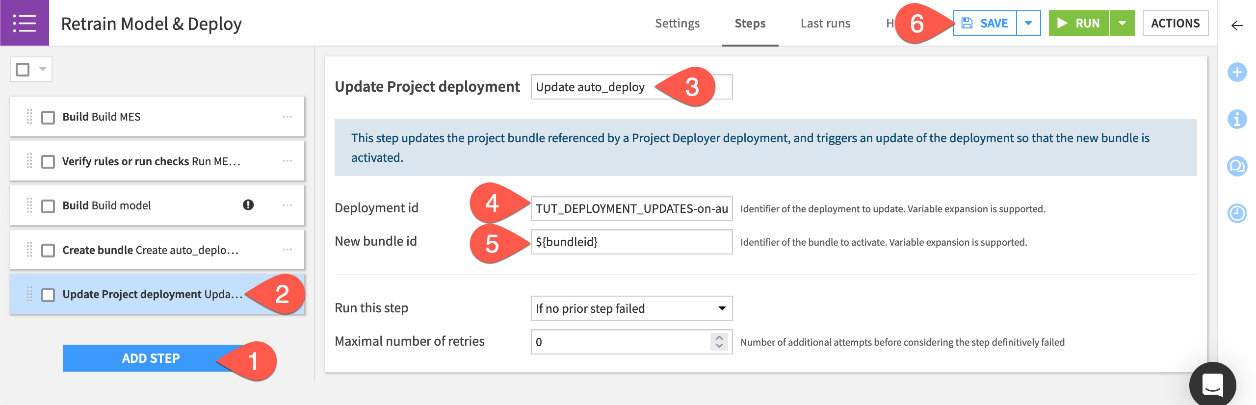 Dataiku screenshot of the update deployment step.