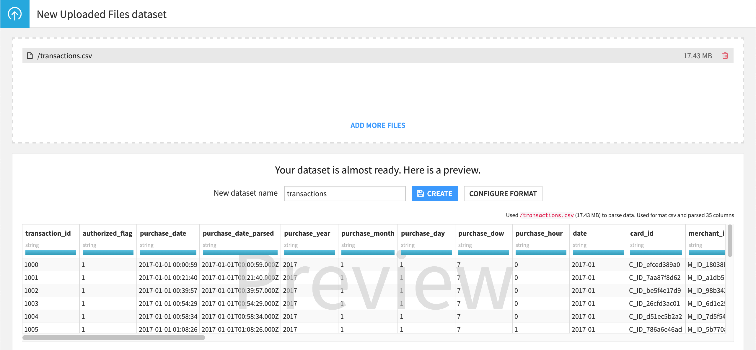 Dataiku screenshot of a file upload preview and schema.