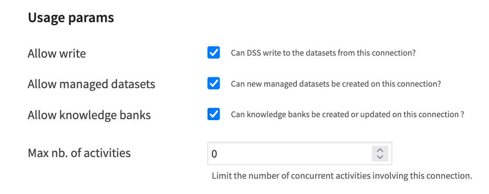Dataiku screenshot of the usage parameters of a connection.