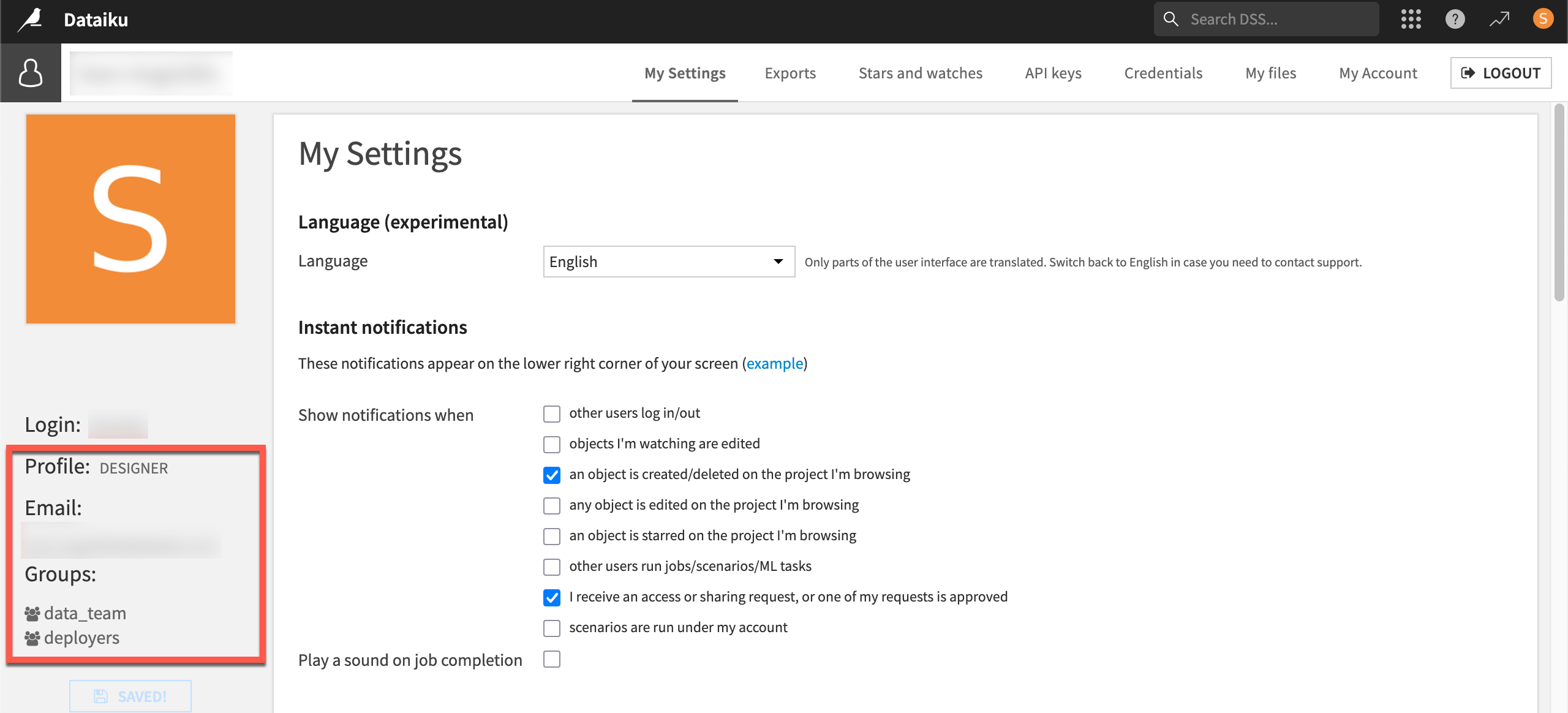 Dataiku screenshot of a user page highlighting user profile and group.